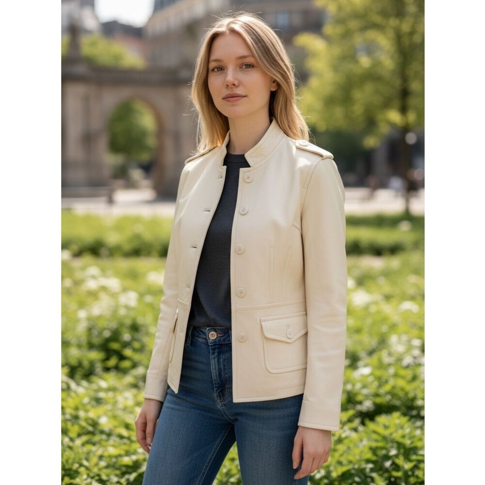 D2K Leather Cream Women's Casual Button-Front Jacket Size Medium